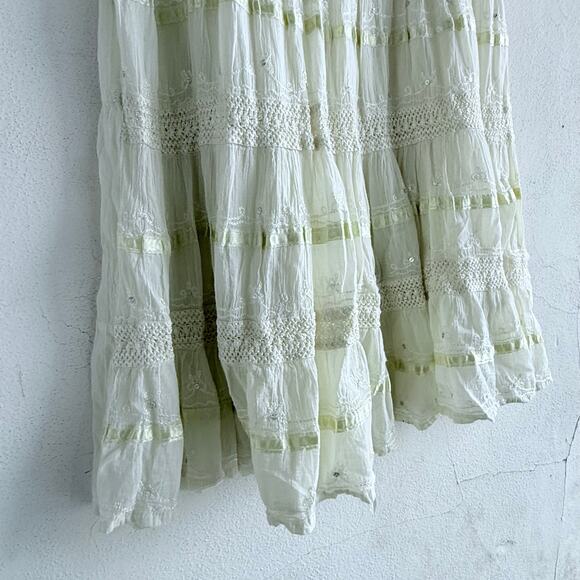 Vtg Boho Midi Dress Embroidered Tiered Crinkle Cotton Gauze Corset Cottagecore L - Picture 3 of 8